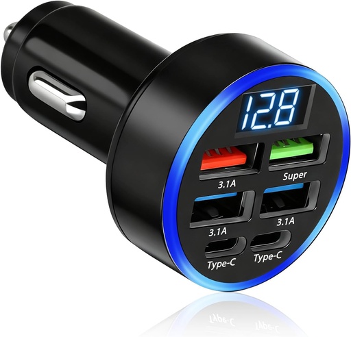 [charg6] Allume Cigare USB Chargeur Voiture 50W, Prise Allume Cigare 12V-24V avec Écran LED, 2 Ports USB-C et 4 Ports USB-A